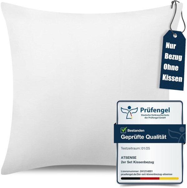 ATsense Kissenbezug 40x40 cm 1 Stück 100% Baumwolle Weiß Reißverschluss