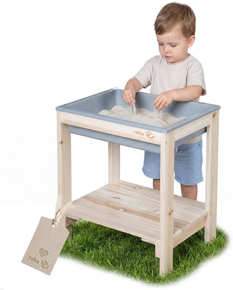 roba Outdoor + Spieltisch "Tiny" mit Spielwanne - Sand- & Matschtisch aus Massivholz - Gartenmöbel für Kinder - Ab 18 Monaten - Natur Unbehandelt