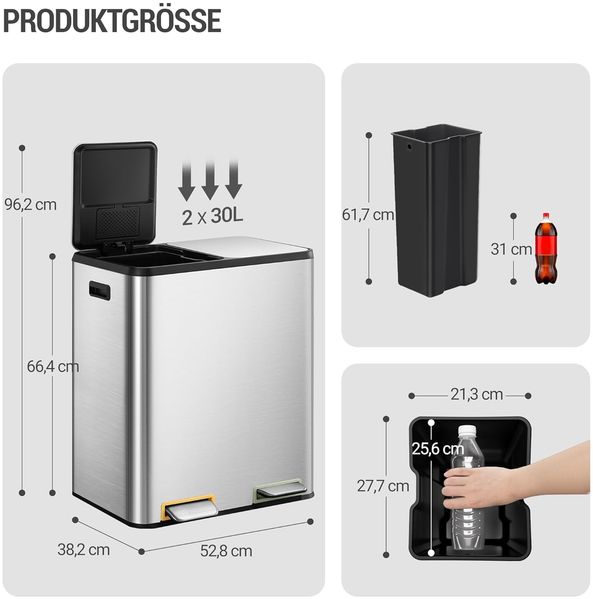Mülleimer Küche, Mülltrennsystem 2 Fächer 60L (2 x 30 L), Edelstahl-küchenmülleimer mit farbcodiertem Pedal, Abfalleimer Ruhiger Langsamer Abstieg, inklusive 15 Müllbeuteln, Silber Bild 7