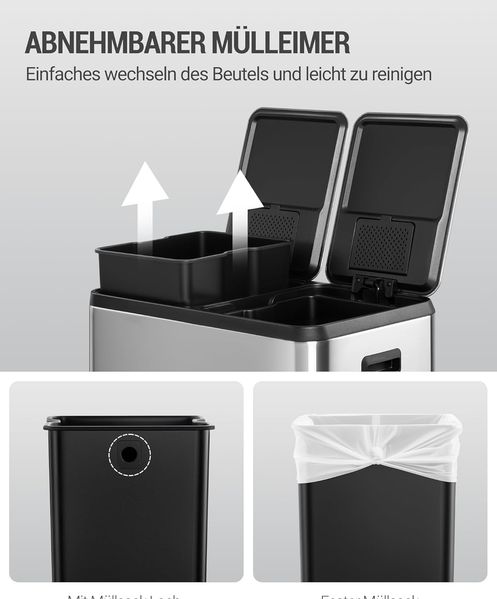 Mülleimer Küche, Mülltrennsystem 2 Fächer 60L (2 x 30 L), Edelstahl-küchenmülleimer mit farbcodiertem Pedal, Abfalleimer Ruhiger Langsamer Abstieg, inklusive 15 Müllbeuteln, Silber Bild 6