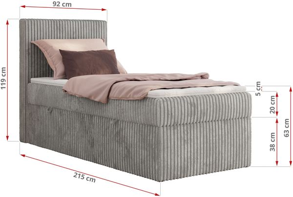 Boxspringbett TILIANO 90x200 Cord inkl. Bettkasten, Einzelbett 7-Zonen Multipocket-Matratze & Topper, Modernes Design mit hohem Kopfteil - Hellgrau Cordstoff - H3 - Topper Visco Bild 4