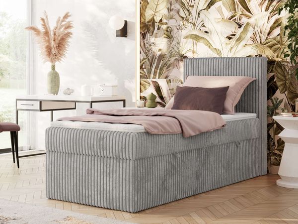 Boxspringbett TILIANO 90x200 Cord inkl. Bettkasten, Einzelbett 7-Zonen Multipocket-Matratze & Topper, Modernes Design mit hohem Kopfteil - Hellgrau Cordstoff - H3 - Topper Visco