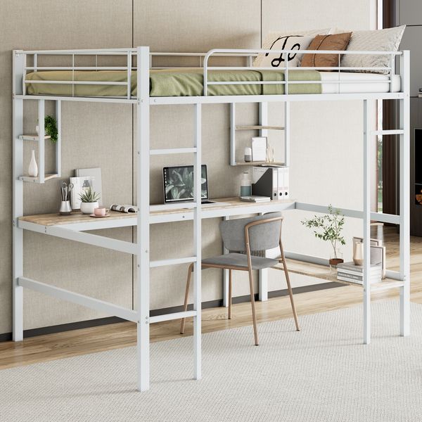 Bett 140x200 cm Hochbett mit Schreibtisch und Regal – weißes Metall, platzsparend und funktional