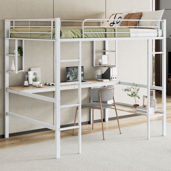 Bett 140x200 cm Hochbett mit Schreibtisch und Regal – weißes Metall, platzsparend und funktional
