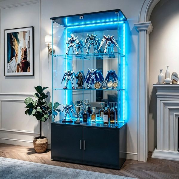 Simurq Glasvitrine Standvitrine aus Glas mit LED, Vitrinenschrank Schrank für Sammlung (Glas Vitrine mit 2 Glastür und 3 Lagen, Glasschrank mit Schloss) Vitrine aus Glas, perfekt für Sammler, Sammelvitrine