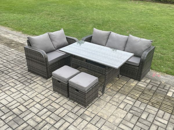 Fimous Terrassenmöbel Set Polyrattan Langer rechteckiger Esstisch und Lounge Sofa set mit 2 kleine Fußhockern Dunkelgrau gemischt