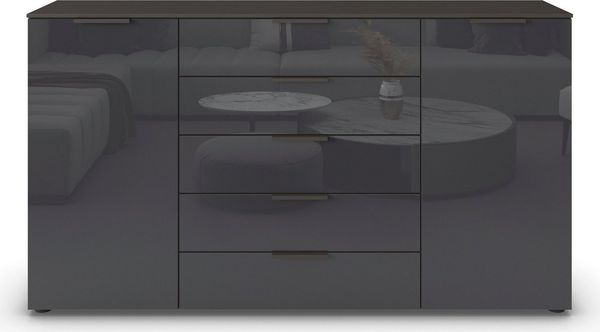 Rauch Möbel Flipp, Kombikommode, Kommode mit Stauraum für Wohnzimmer, Schlafzimmer, Flur, 4 Fachböden, Graphit/Glasfront Basalt, 2-türig, Glastüren, 5 Schubkästen, Griffe graphit, 180 x 100 x 42 cm
