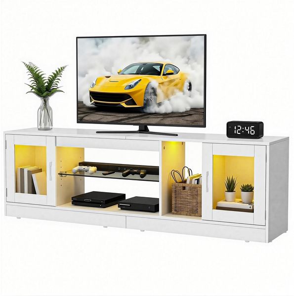 YITAHOME 180cm TV-Schrank mit 7 RGB LED, TV Lowboard mit 2 geschlossenen Schränken, 3 offenen Regalen & Verstellbarer Glasablage, Modernes Entertainment Center für Wohnzimmer, 180 x 32 x 51CM