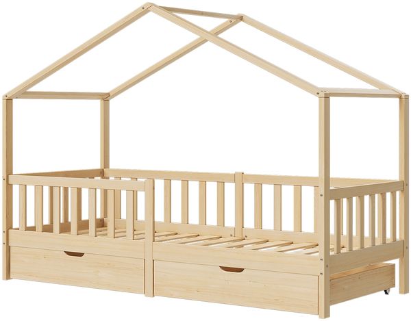 Bellabino 'Bia' Hausbett 90x200 cm mit Matratze und 2 Schubladen, natur, Kiefer Massivholz, Montessori Kinderbett mit Stauraum, inkl. Rausfallschutz und Lattenrost Bild 2