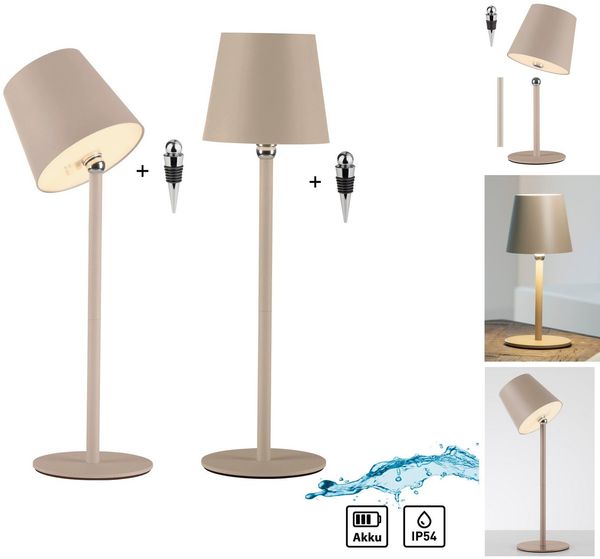 JUST LIGHT LED Tischleuchte BOTERIA - Set 2 Stück, inkl. Flaschenaufsatz, Memoryfunktion, LED fest integriert, Warmweiß, Akkubetrieben, aufladbar, magnetisch, dimmbar, In- und Outdoor
