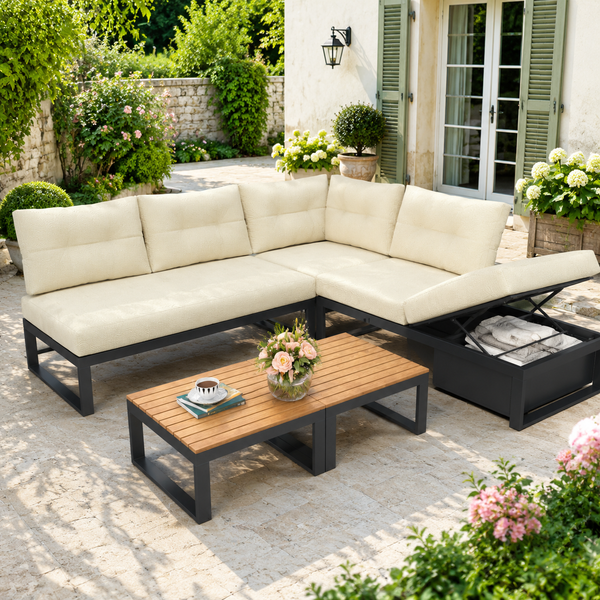Mehrzweck-Gartenmöbelset mit 3-stufig verstellbarer Rückenlehne und Liegefunktion,dicken Komfortpolstern, Stauraum und wetterfester Polyesterbezug – für Terrasse, Balkon und Garten,Beige