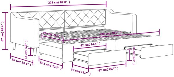 vidaXL Tagesbett Ausziehbar mit Schubladen Hellgrau 80x200 cm Stoff 3197457 Bild 12