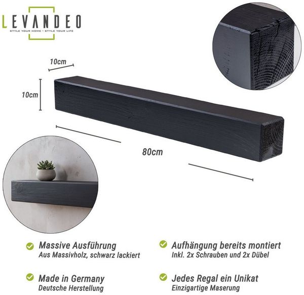 Levandeo® Wandregal, levandeo Wandregal Holz Massiv 80x10 cm Schwarz Wandboard Regal