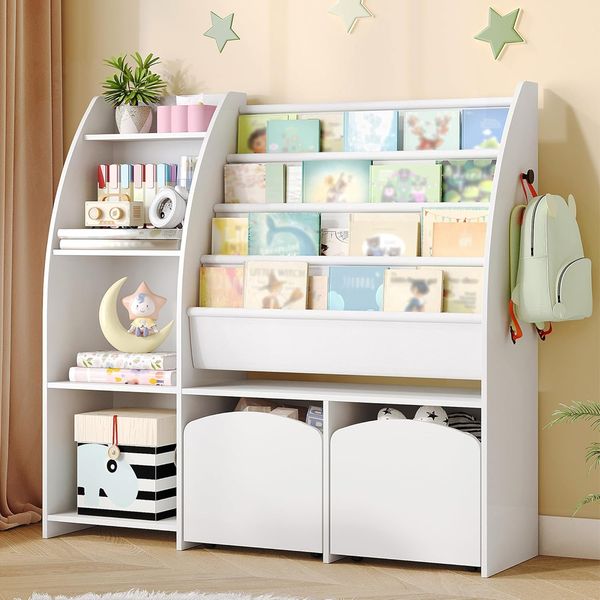 Kinderregal mit Zeitungsständer, Bücherregal Kinder mit 2 Säulen, 4 Ablagen, Spielzeugregal, Kinder mit Aufbewahrungsbox, für Kinderzimmer, Wohnzimmer 30 x 105 x 100 cm, Weiß