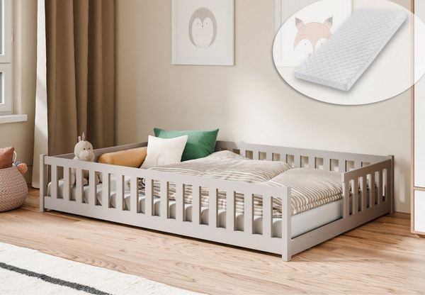Kids Collective Kinderbett Bodenbett mit Rausfallschutz & Lattenrost Montessori Betten Kinder (Verfügbare Größen: 80x160, 80x180, 90x190, 90x200, 120x200, 140x200 cm), Jugendbett Einzelbett Kiefer mit Matratze Kaschmir 140x200 cm