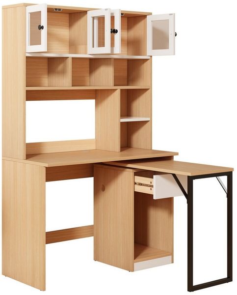 REDOM Schreibtisch Sekretär,Schreibtisch,Arbeitstisch (Computertisch mit Acryltüren und drehbarem Design, 180 cm, Regal-Schreibtisch für Büro und Arbeitszimmer, Weiß-Natur, flexibler Stauraum, mit Kabelloch-Design und Anti-Kipp-Schutz), Kein Stuhl