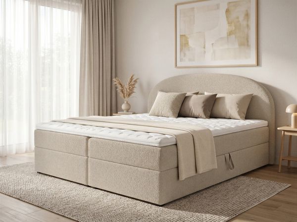 Boxspringbett Cloud mit 2 Bettkästen, Doppelbett mit Bonell-Matratze und Topper, Polsterbett in weichem Bouclé-Stoff, Bett, Bettgestell für Schlafzimmer (Beige (Coral 65), 180 x 200 cm)