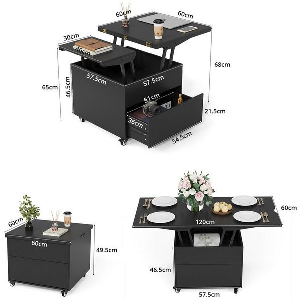 VOWNER Couchtisch Höhenverstellbar, 3-in-1-Multifunktions Wohnzimmer-Esstisch