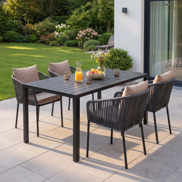 Gartengarnitur HWC-N41, Tisch+4xStuhl, wetterfest Alu 140x80cm, Seilgeflecht Rope ~ anthrazit Kissen taupe