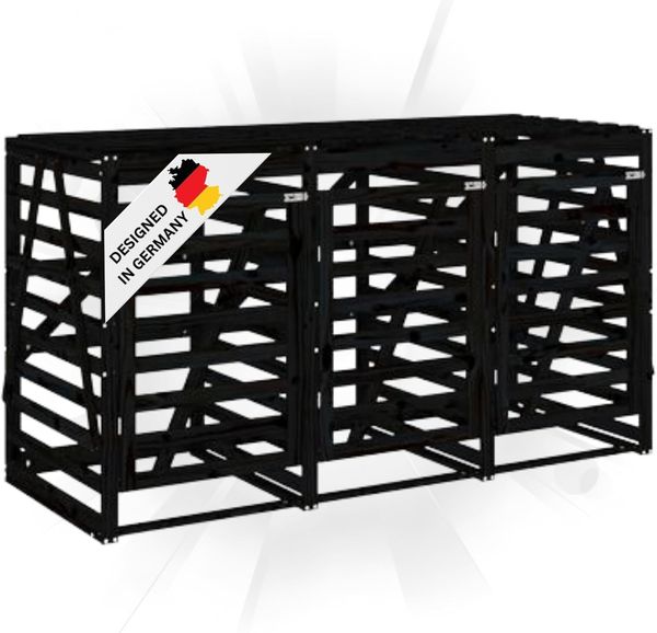 3er Mülltonnenbox Kiefernholz BOUMI 240x91,5x128,5cm Schwarz Mülltonnenverkleidung für 3 Tonnen Müllbox aus Holz Mülltonnenschutz Mülltonnendach