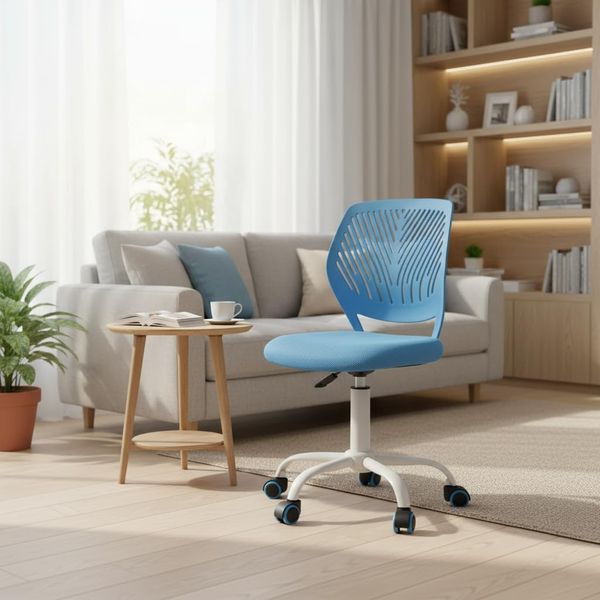 FurnitureR Wohnzimmer Sessel & Stühle ergonomischer Drehstuhl ohne Armlehnen, höhenverstellbar, Netzstoff, Metallfuß mit Rollen, 38x40 cm Sitz, 32cm Rückenlehne, Blau