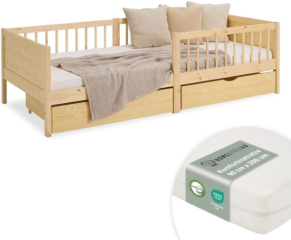 Kinderbett 90x200 cm mit Matratze 2 Bettkästen Rausfallschutz Holzbett Natur Einzelbett Gitterbett Holzbettrahmen
