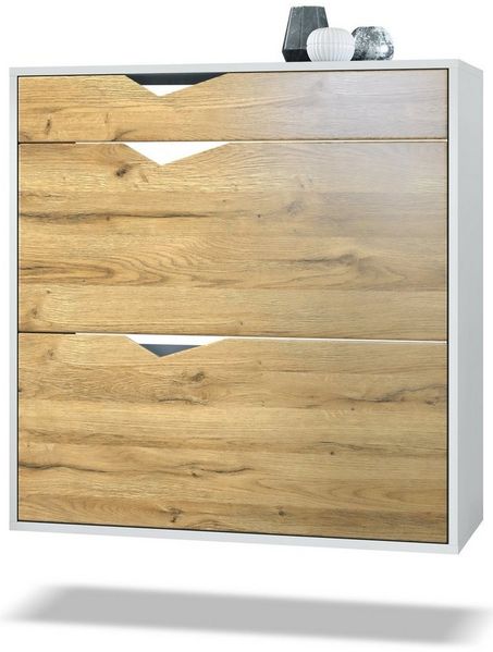 Schuhschrank Kolmio 85 x 87 x 33 cm, Korpus in Weiß Matt, Fronten in Eiche Natur