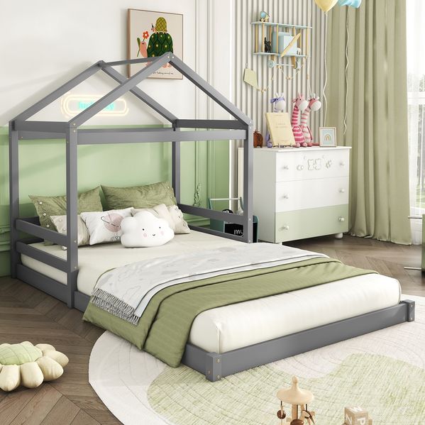 Bett 140x200 cm in Hausform aus Kiefernholz mit Lattenrost – grau, kindgerecht und minimalistisch