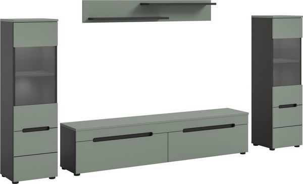 Home affaire Wohnwand REHAT, TOPSELLER!, 4-teilig, inkl. Beleuchtung, stehend oder hängend, (4-St, Set bestehend aus: 2x Vitrine inkl. Beleuchtung, Lowboard & Wandboard), Kombination, Anbauwand, Set, Wohn-Set, Wohnzimmer-Set, Schrankwand