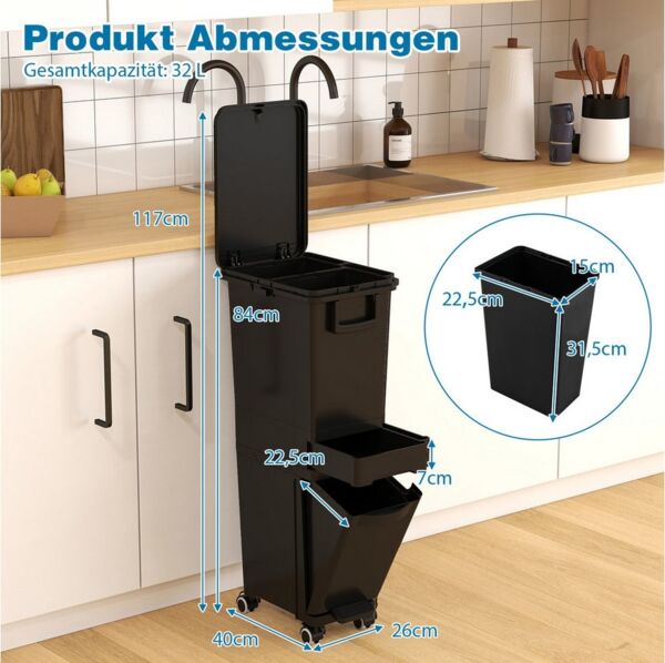 KOMFOTTEU Mülleimer, Abfalleimer mit Rollen, Kippbehälter, Deckel, Schublade & Aufkleber