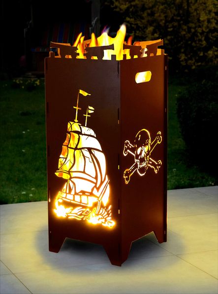 Moritz Feuerschale Feuerkorb 2mm Stahl 35x35x85 cm Steckbar für Garten Camping Outdoor Feuerstelle Feuertonne Totenkopf Schiff Anker Maritim