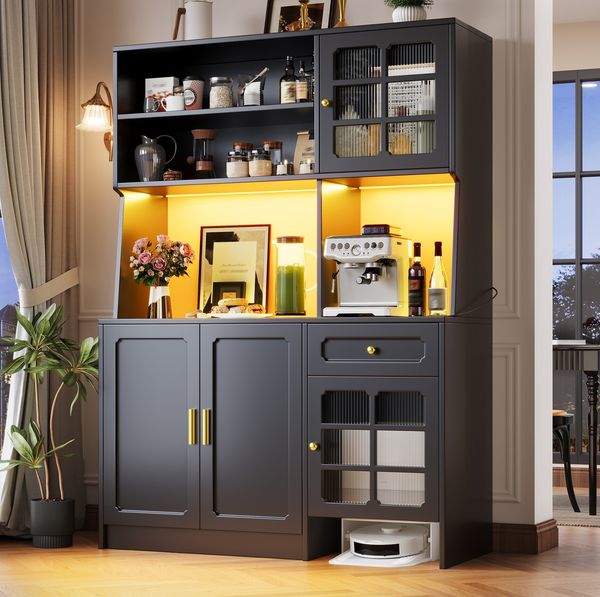 Küchenschrank 130 x 45 x 180 cm mit Glastüren, Schubladen und LED-Beleuchtung – schwarz
