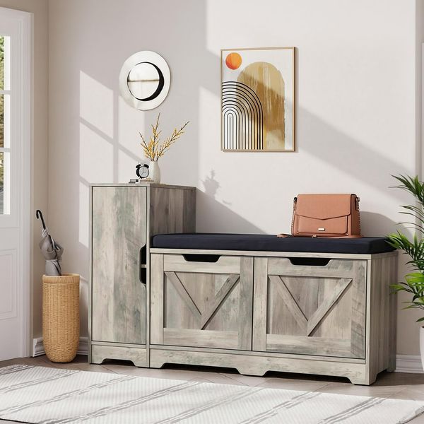 YITAHOME Sitzbank mit Stauraum, Schuhbank, Schuhschrank mit Sitzbank, Schuhregal mit seitlichem Hochschrank und Tür, Gepolsterter Sitz, Flur, Schlafzimmer und Eingangsbereich, 105 x 37 x 65.5 cm, Grau