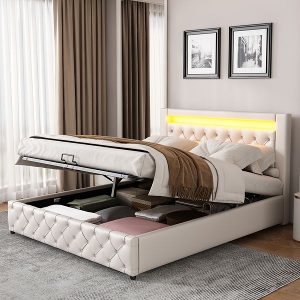 Polsterbett 140×190 cm mit Bettkasten und LED-Beleuchtung, PU-Leder Weiß, ohne Matratze