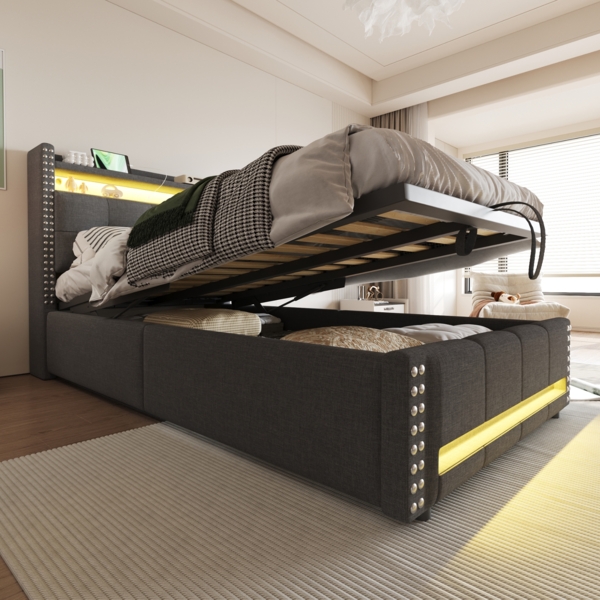 Polsterbett für Kinder mit LED-Beleuchtung und USB-Steckdose, Kopfteil mit Ablagen und Stauraum, hydraulischer Stauraum, Einzelbett, Leinenstoff, 90×200 cm