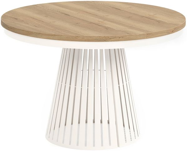 MEBLINI Esstisch Rund Ausziehbar aus Metall - 120-196x76 cm - CONEY - Halifax Eiche/Kaschmir - Loft - Esszimmertisch Modern - Küchentisch - Ausziehtisch - Round Dining Table