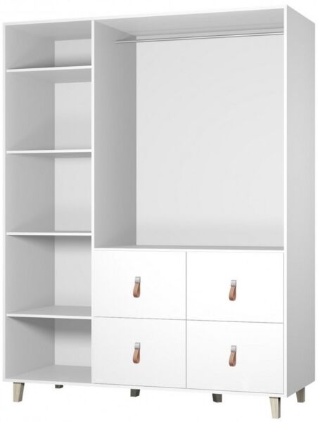 Jugendzimmer Svala in Weiß mit modernen Lederschlaufen als Griffe, Skandinavischer Stil – in verschiedenen Zusammenstellungen wählbar - 3 teilig , großer Kleiderschrank + Kommode 02 + Jugendbett 90x200cm