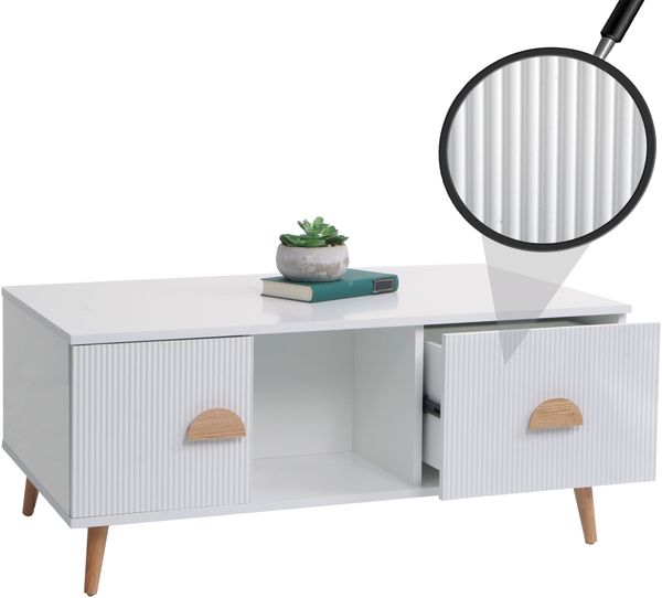 Couchtisch HWC-N89, Beistelltisch Sofatisch, Schubladen Türen Fächer 3D-Design Melamin Holz, 43x100x60cm ~ weiß