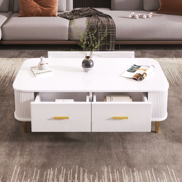 Couchtisch 105x51x38 cm, Weiß mit 4 Schubladen & goldenen Akzenten