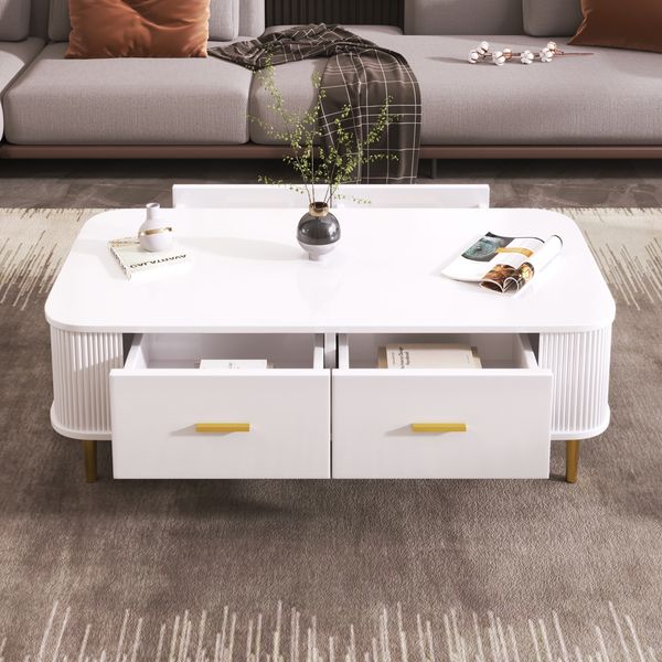 Couchtisch 105x51x38 cm, Weiß mit 4 Schubladen & goldenen Akzenten