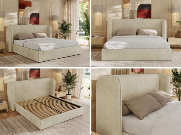 Polsterbett Bett mit Holzlattenrost Schlafzimmer Bett Doppelbett gepolstertes Kopfteil Pocket Matratze - EMORA CLASSIC - 200x200 cm - Beige Velvet - VIRE LUX Bild 2