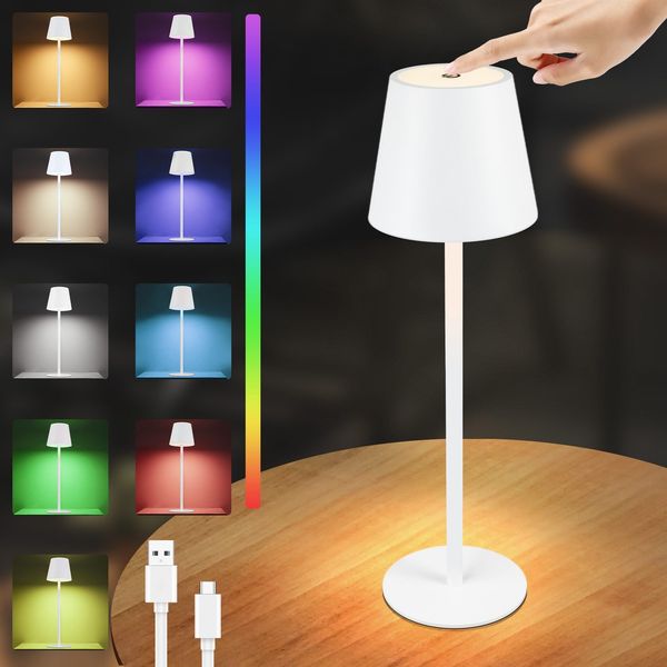 ZMH Kabellose Akku-Nachttischlampe – RGB LED 2600mhA wiederaufladbare Outdoor-Tischlampe, Touch-dimmbar, weiße USB-Akkulampe
