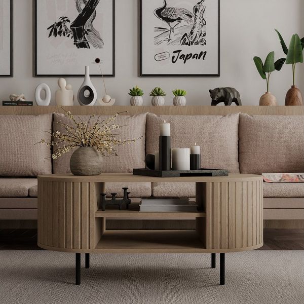 Compleo Couchtisch mit Regalen, Kaffeetisch, OVI Eiche cremona oder Beige