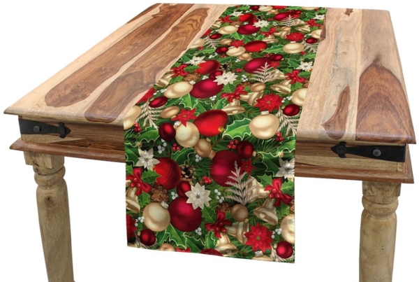 Abakuhaus Tischläufer Esszimmer Küche Rechteckiger Dekorativer Tischläufer, Weihnachten Baum-Zweig Glocken