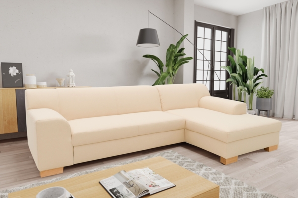 DOMO. collection Ecksofa Tinos, Couch in L-Form mit Schlaffunktion, Beine aus Buche mit Filzgleitern, Sofa, Polsterecke, Eckcouch, Schlafsofa 273 x 157 x 74 cm (BxTxH), beige