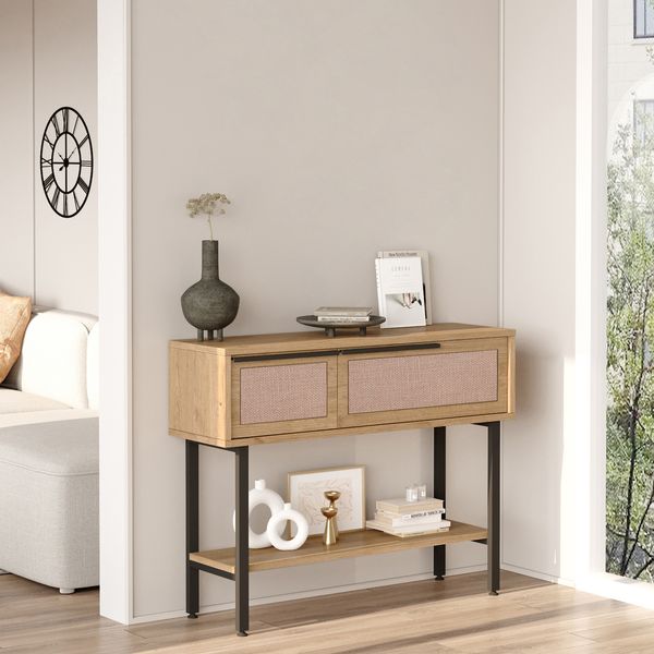Konsolentisch Kvænangen 100x30x76 cm Eiche/Rattanoptik [en. casa]