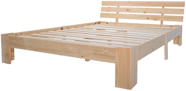 Massivholz Doppelbett 140x200cm aus Kiefer, naturbelassenes Holz Bettgestell mit 3-Stirn Kopfteil & Lattenrost, minimalistisches Doppelbett ohne Matratze