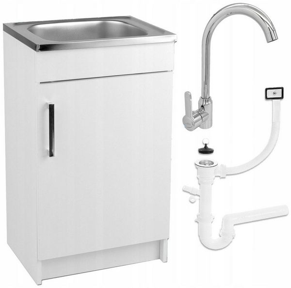STAMAR Spülenschrank Küchenschrank 50cm Weiß Spüle 50x40 Armatur Chrom Hoch 33,5cm Kompakt Standschrank 40cm Tiefe Siphon Geschirrspüler Platzsparend Set