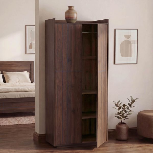 Schrank HWC-P44, Kleiderschrank Garderobenschrank 2 Türen Push-to-open, MDF 184x80x40cm ~ Walnuss-Optik