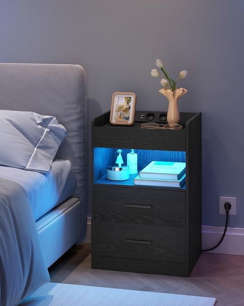 Nachttisch, Beistelltisch mit Tablett, Nachtschrank mit Ladefunktion & LED-Beleuchtung, 2 Schubladen, Modern, für Schlafzimmer, Wohnzimmer 35 x 40 x 64 cm, Schwarz